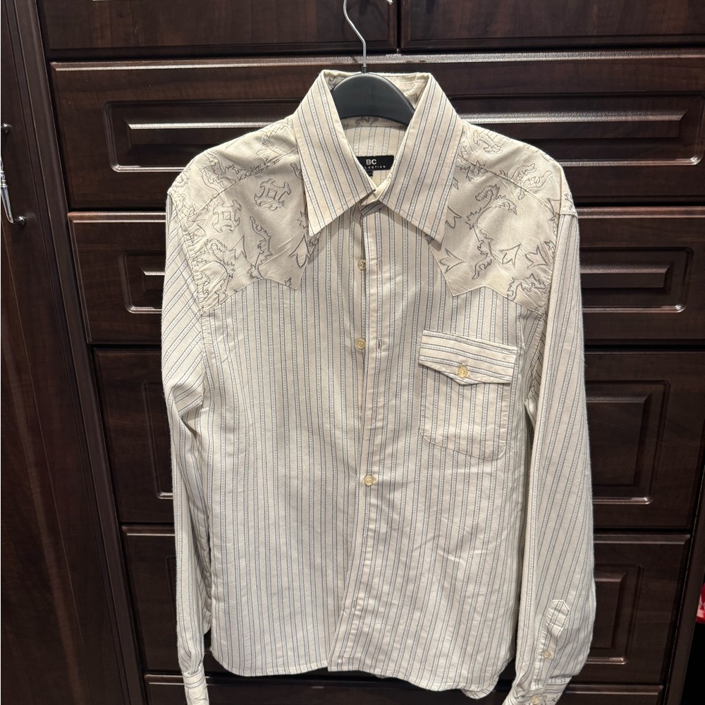 BC COLLECTION Men's Cream Striped Button Down Shirt
